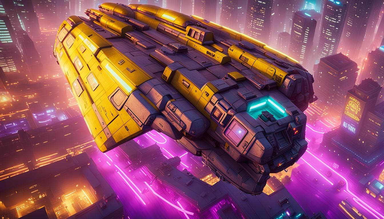 Cyberpunk 2099 Star Wars Freighter in Neon Cityscape