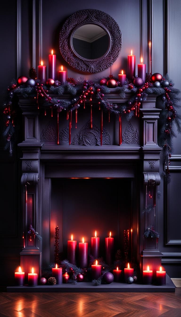 Candlelit dark gothic scene realistic fireplace