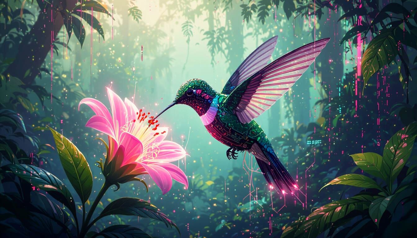 Bioluminescent Hummingbird in Glitchcore Rainforest