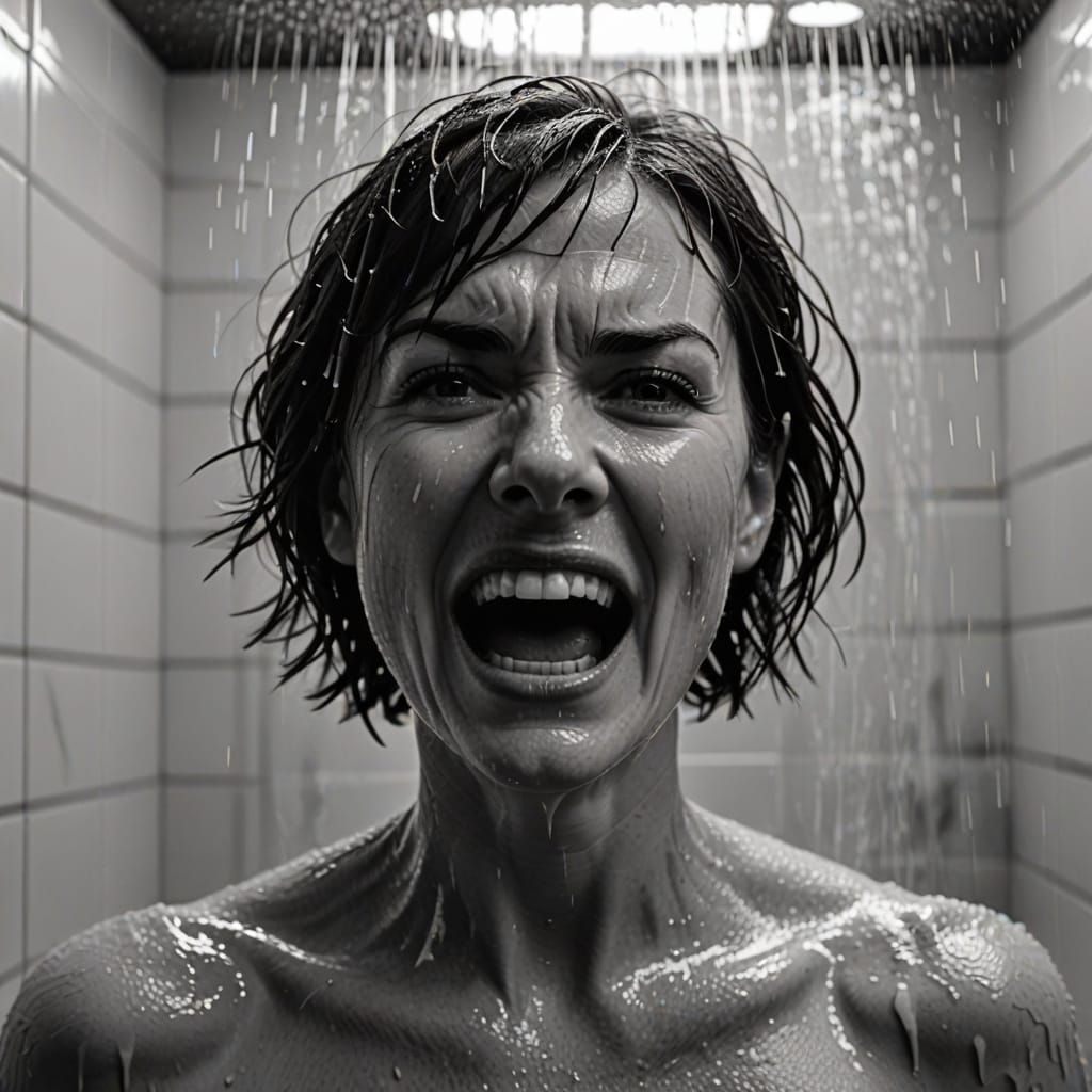 Woman Screaming in Shower, Dramatic Black and White