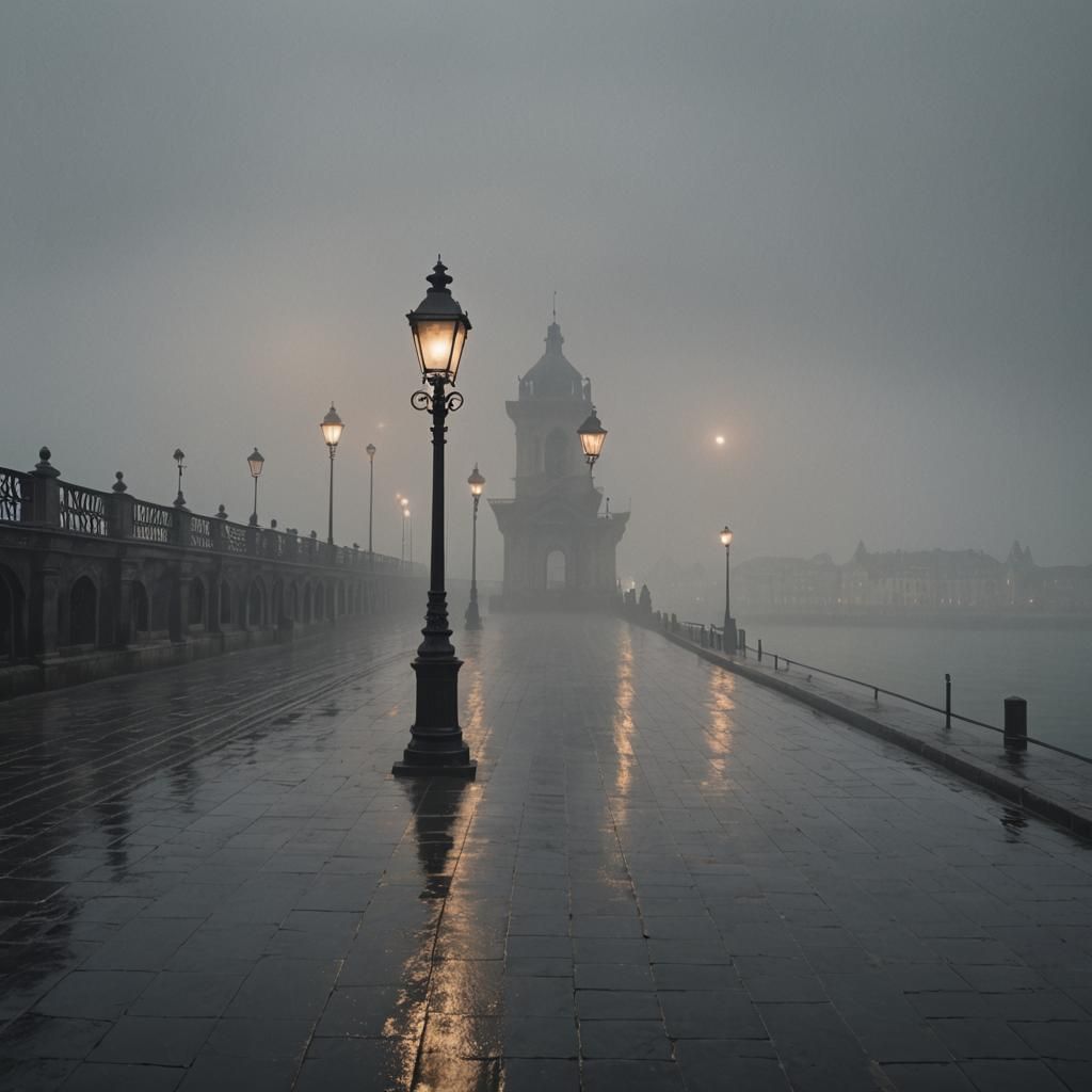 Ominous Fog on Dark French Pier in Photorealistic Style