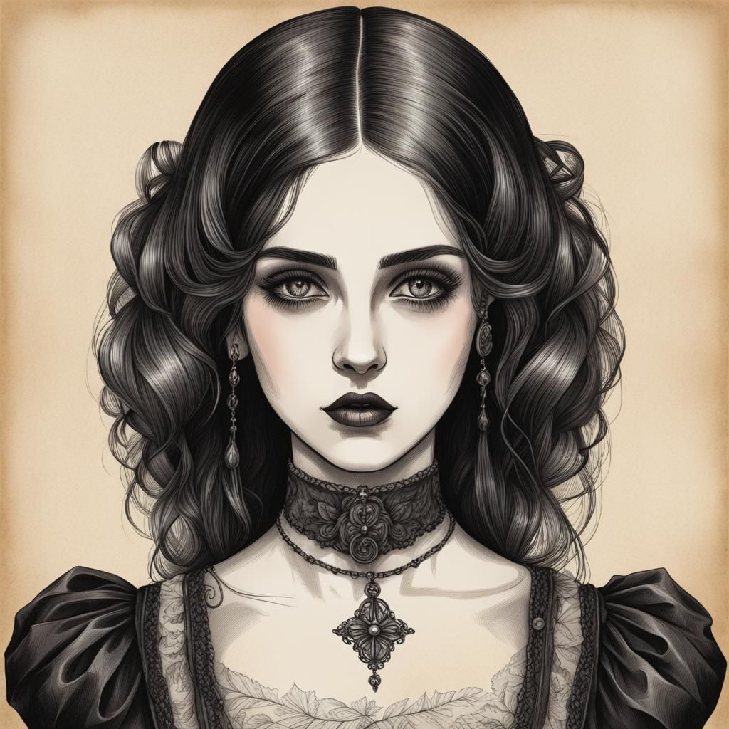 Gothic Girl Portrait in Vintage Drawing Style