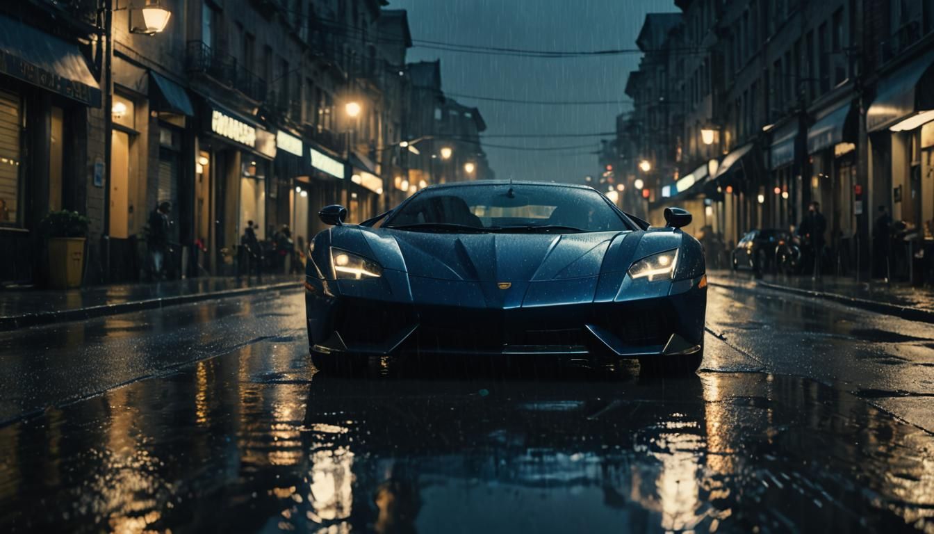 Blue Supercar in Rainy Cyberpunk Cityscape
