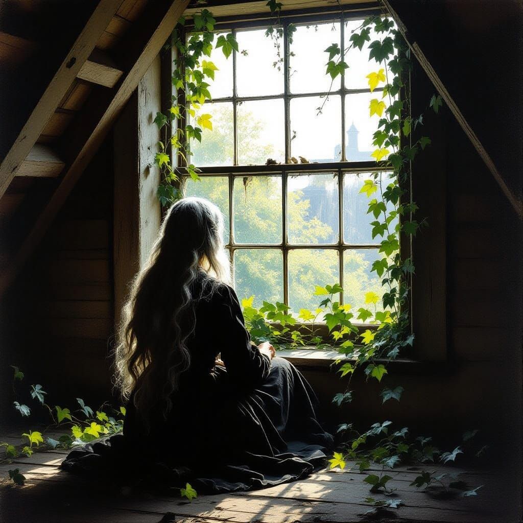 Dutch Golden Age Style Portrait of Lady on Attic Windowsill