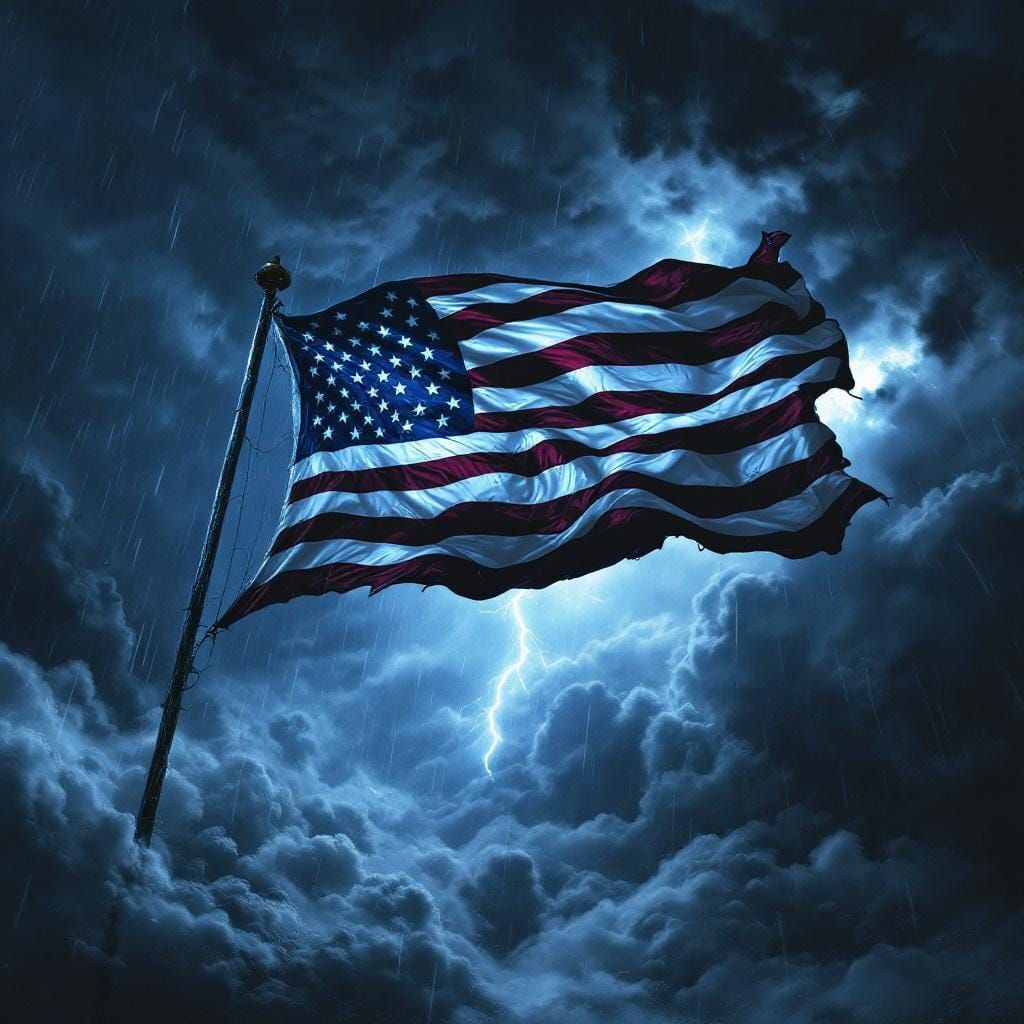 American Flag Waving in Dramatic Stormy Sky
