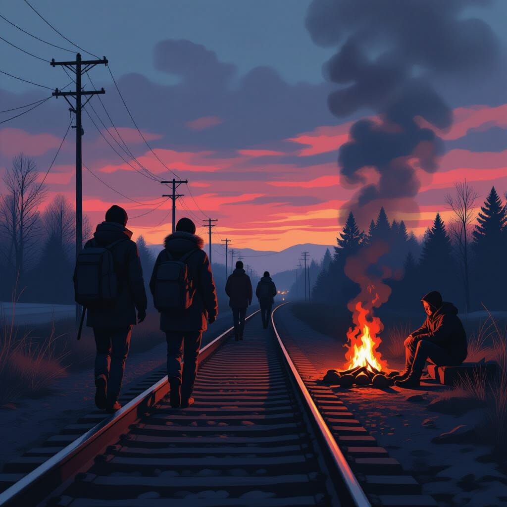 Figures on Tracks at Dusk, Atmospheric Digital Art