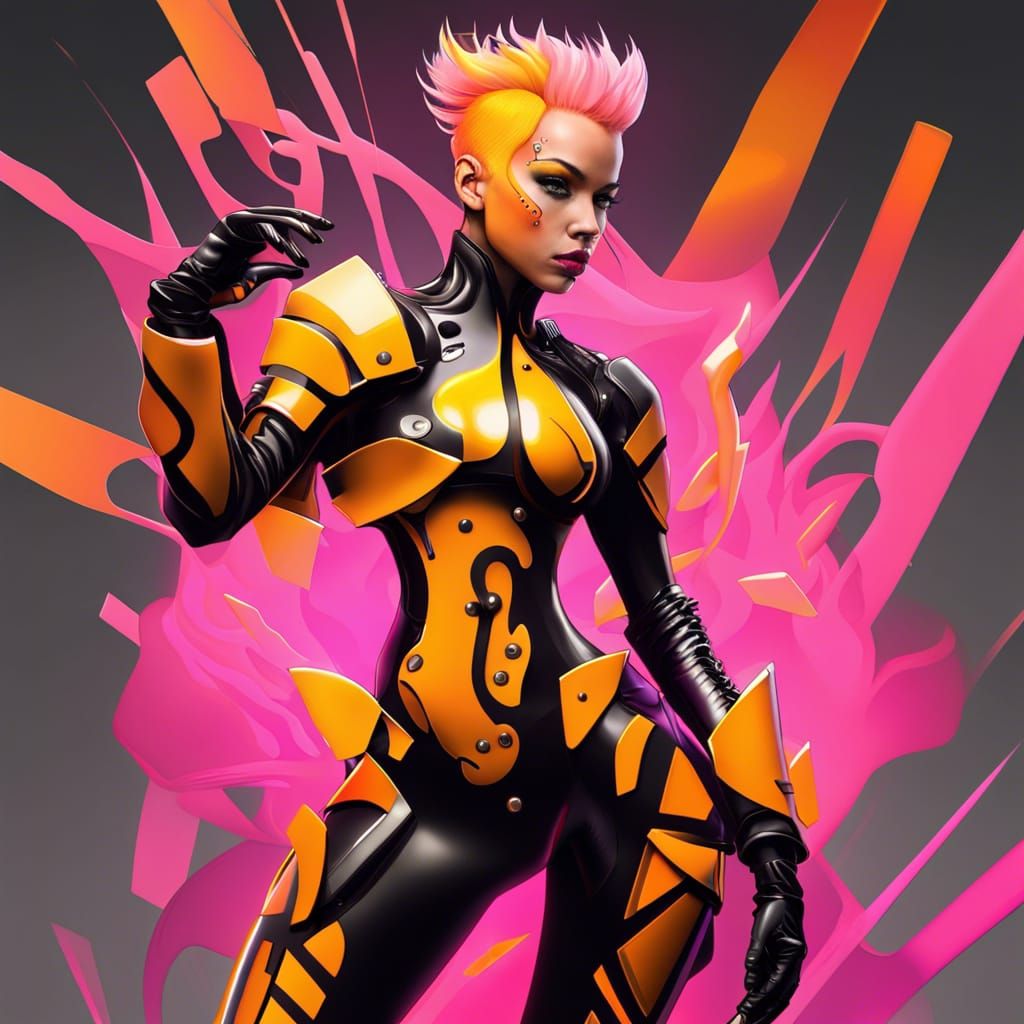 Cyborg Fighter in Cyberpunk Cityscape with Latex Suit