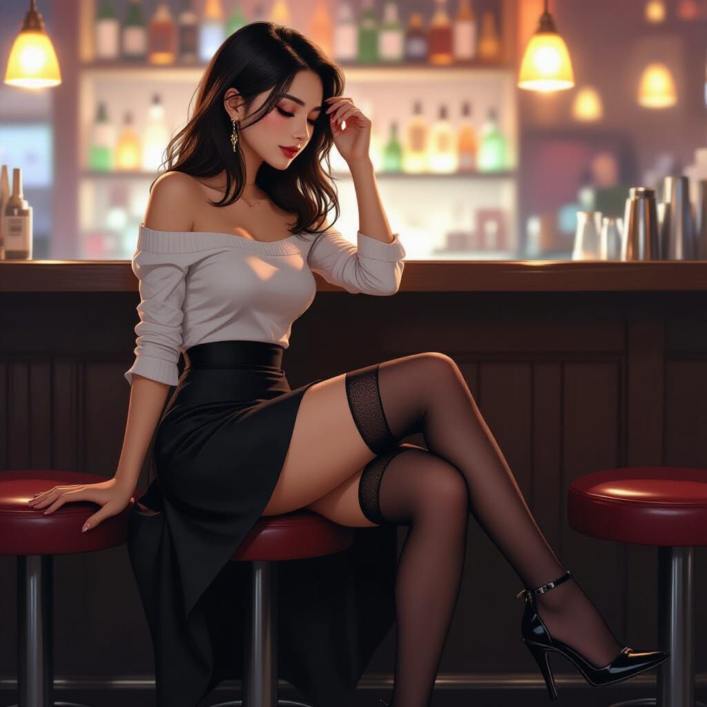 Woman on Barstool in Impasto Style with Realistic Textures