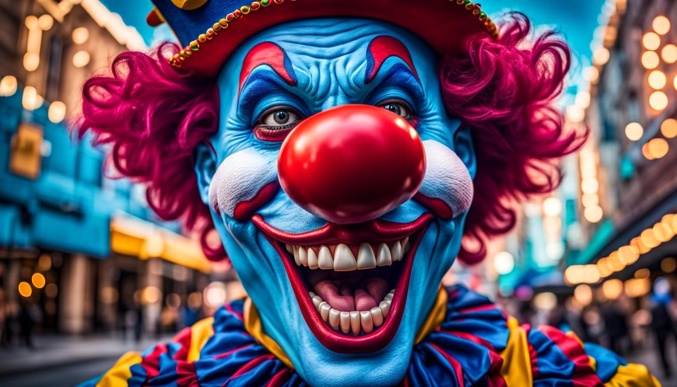 Happy Blue-Toothed Clown with Dramatic Lighting