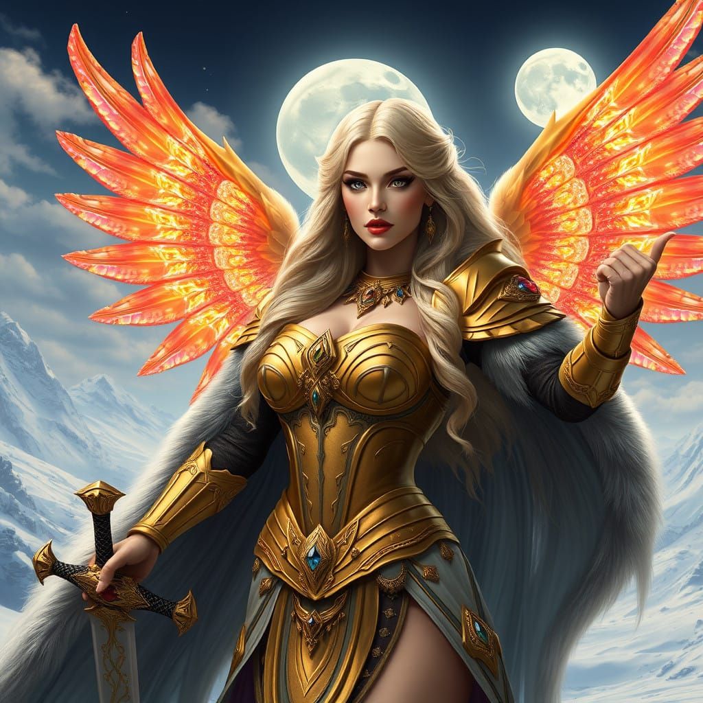 Regal Goddess with Celestial Wings and Majestic Sword, in a...