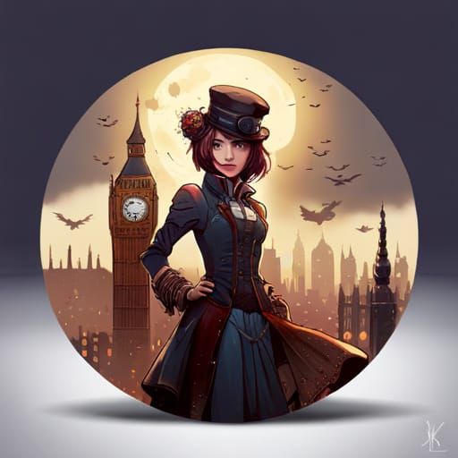 Steampunk Chibi Woman in London: Intricate Portrait