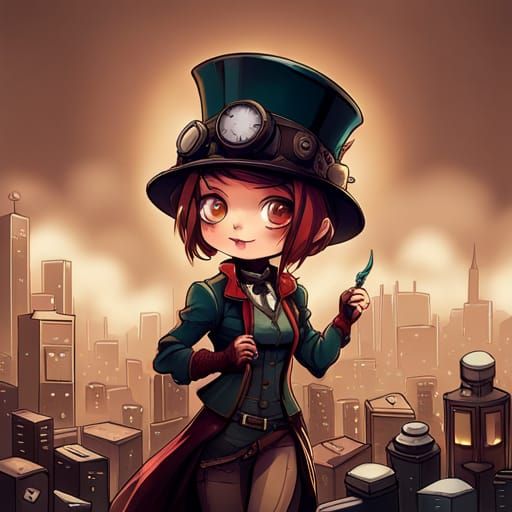 Steampunk Chibi Woman in London: Detailed Digital Portrait