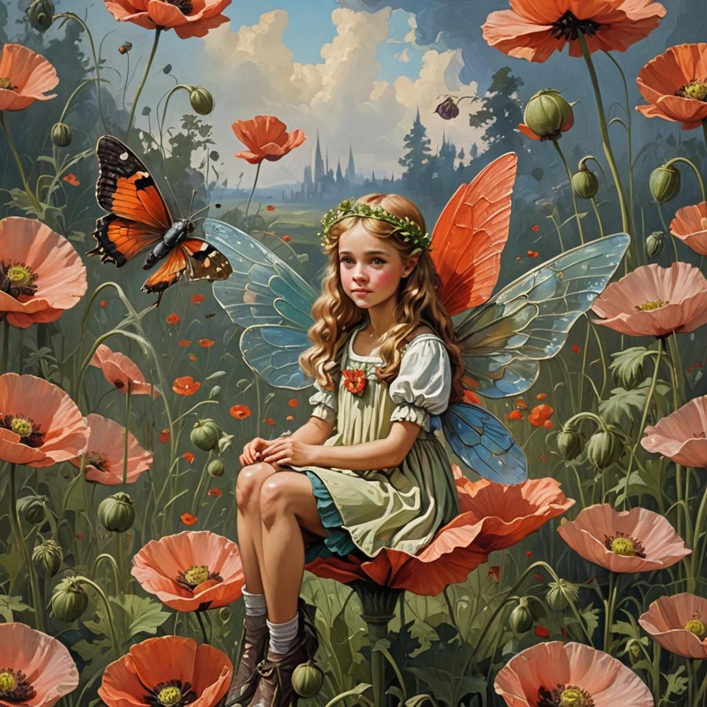 Thumbelina on Poppy, Oil Painting