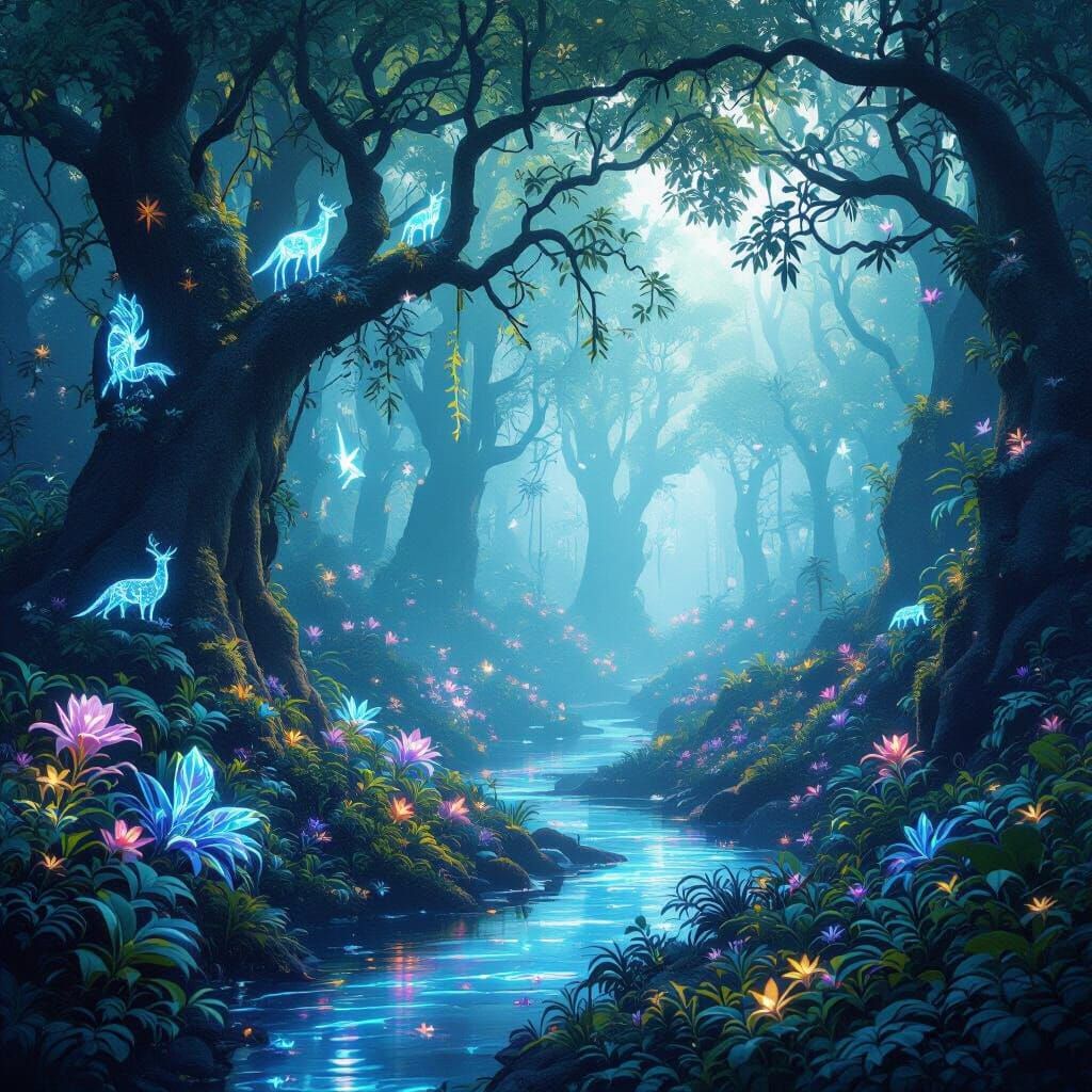 Ethereal Forest with Bioluminescent Flora and Holographic Wi...
