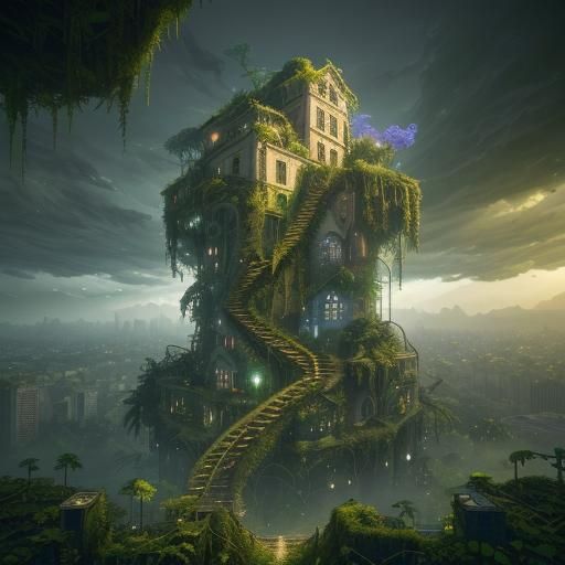 Overgrown City: Cinematic Cubist Fantasy Landscape