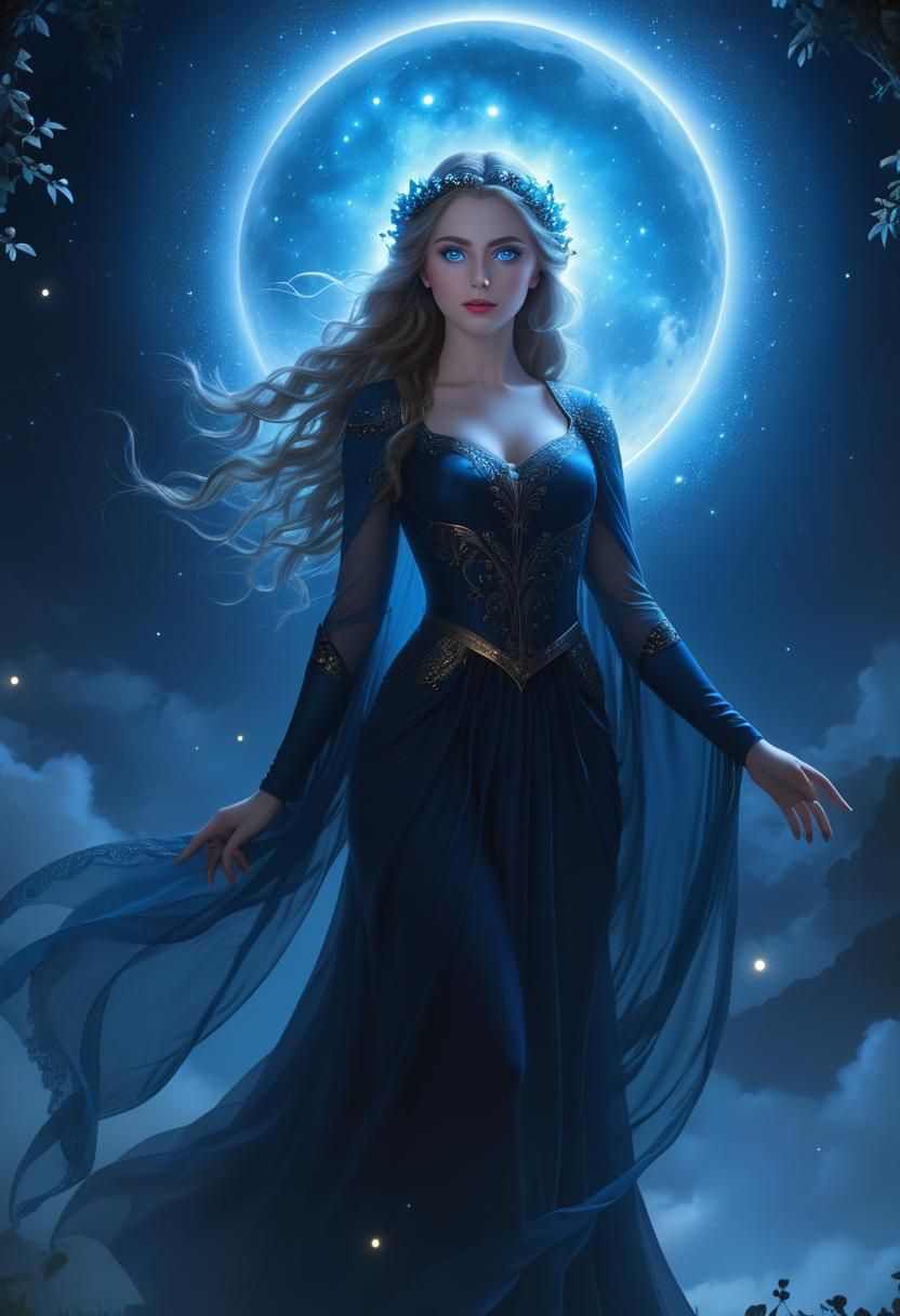 Enchanting Woman in Moonlit Garden: Fantasy Art