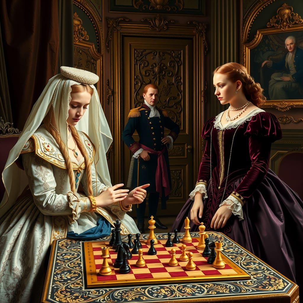 Tsarina and Empress Play Chess in Baroque-Rococo Style
