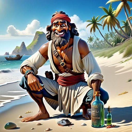 Robinson Crusoe in Caricaturesque 3D Raytracing