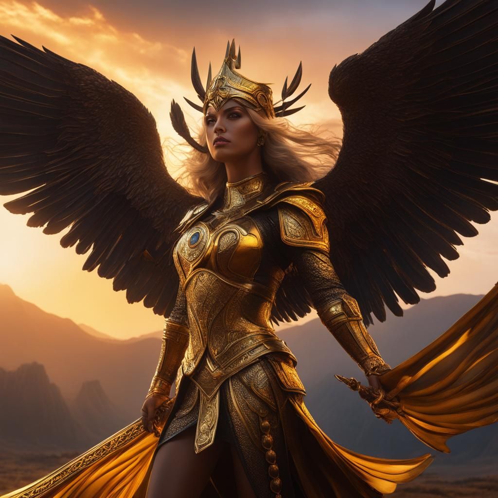 Mythical Valkyrie in Golden Hour, Dark Fantasy Art