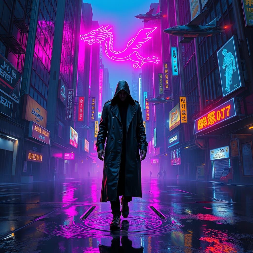 Cyberpunk Cityscape at Night: A Lone Figure Navigates the Sh...