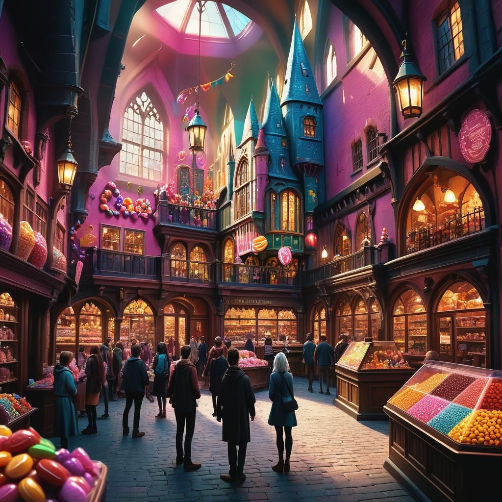 Magical Candy Shop Near Hogwarts: Vibrant Fantasy Art