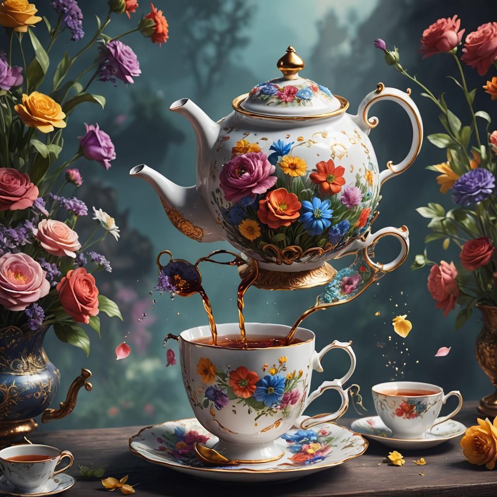 Teapot Pouring Flowers: Detailed Matte Painting
