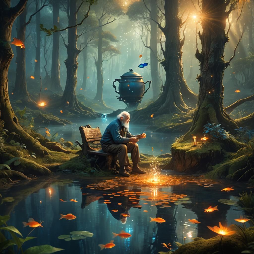 Old Man Grabs Fish in Fairy Forest