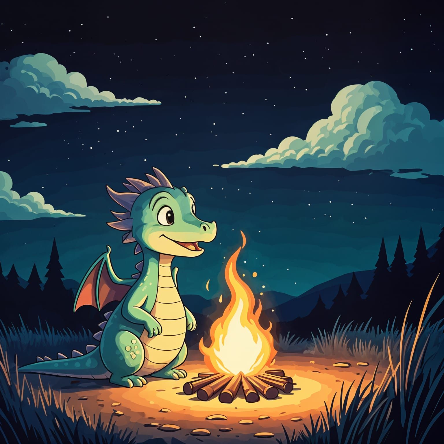 Cartoon Dragon Lights Campfire with Fire Breath