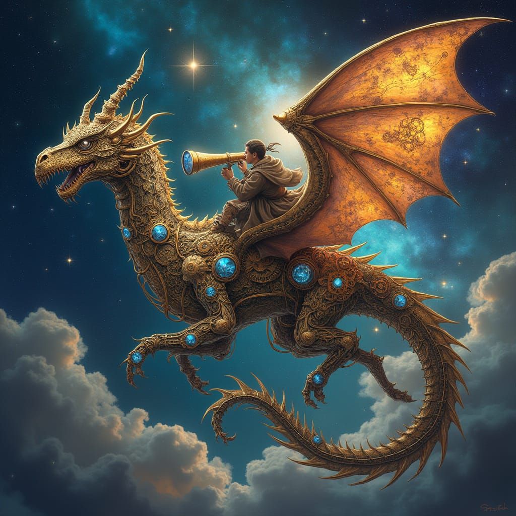 Clockwork Dragon Soaring Through Nebula in Clockpunk Style