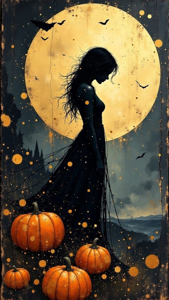 Mystical Halloween Silhouette with Ancient Gold Accents