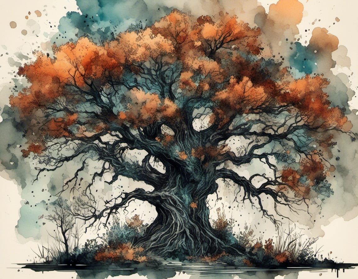 <lora:Water-Digi Ink-Light:1.0> An oak tree tattoo silouette