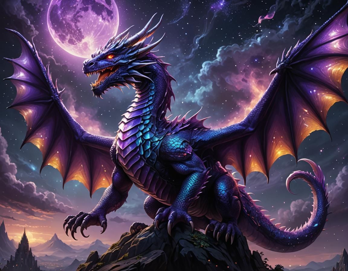 Iridescent Dragon Soaring in Mystical Night Sky