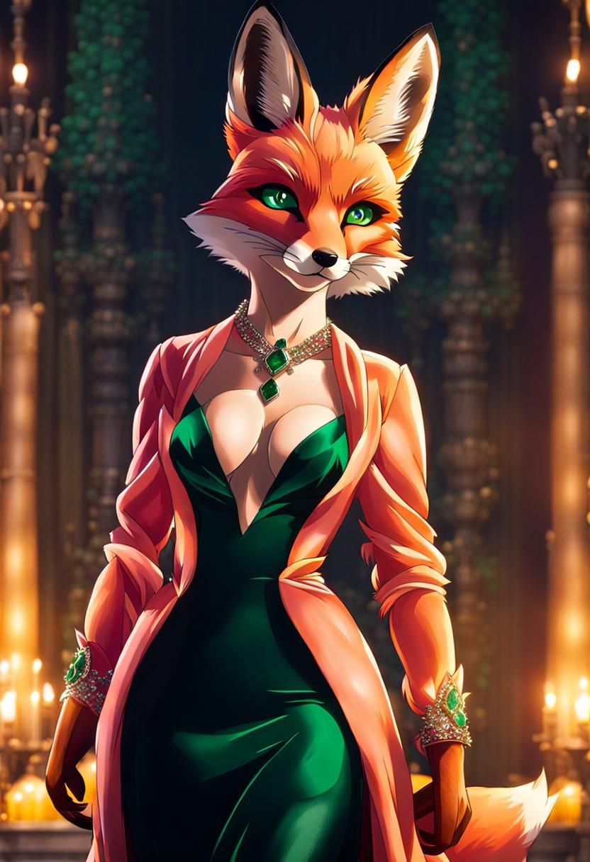 Glamorous Anthropomorphic Fox in Pink Gown, Anime Style