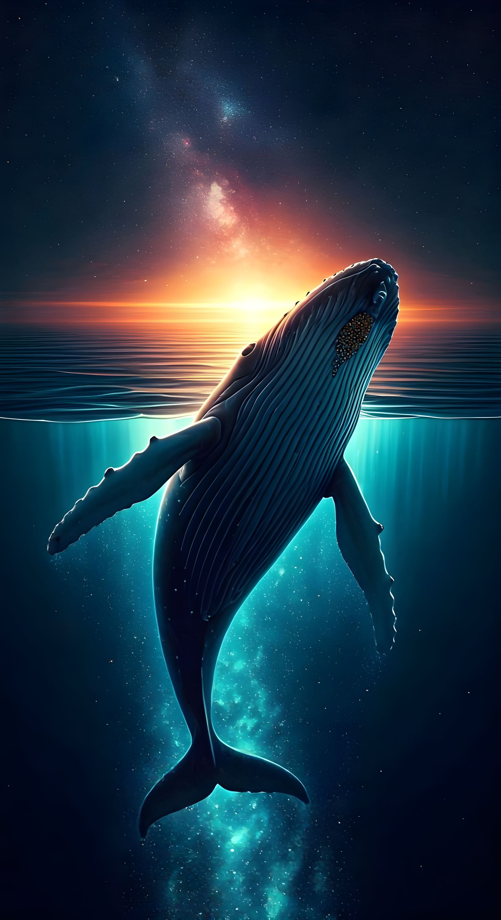 Humpback Whale Breaching in Bioluminescent Ocean Under Starr...