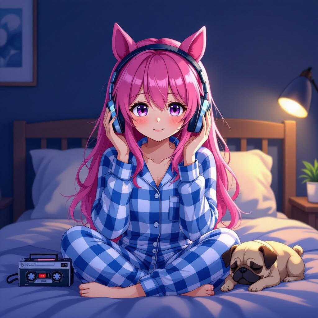 Anime-Style Woman with Horse Ears Listening to Cassette Play...