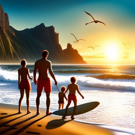 Family's Sunny Beach Day: Detailed Matte Painting