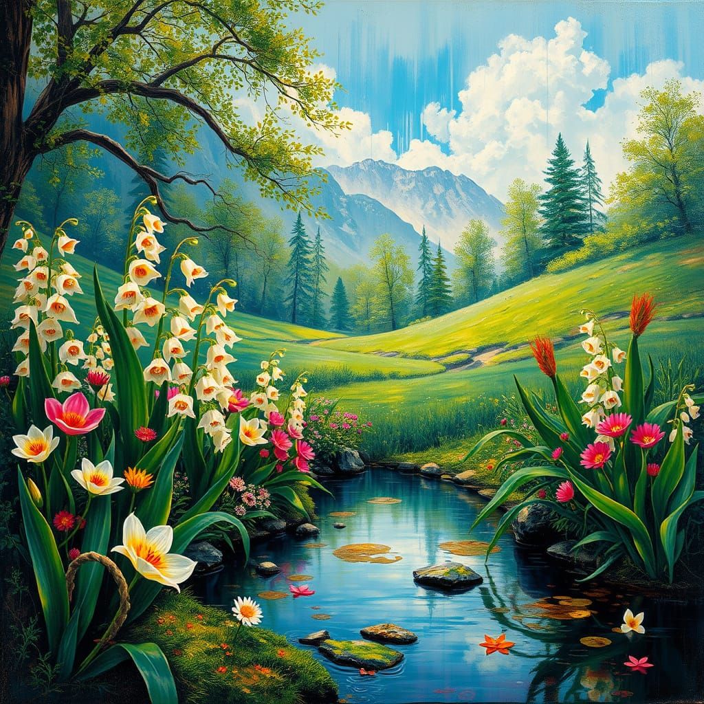 Vibrant Lily of the Valley Landscape in Graffiti Art Style