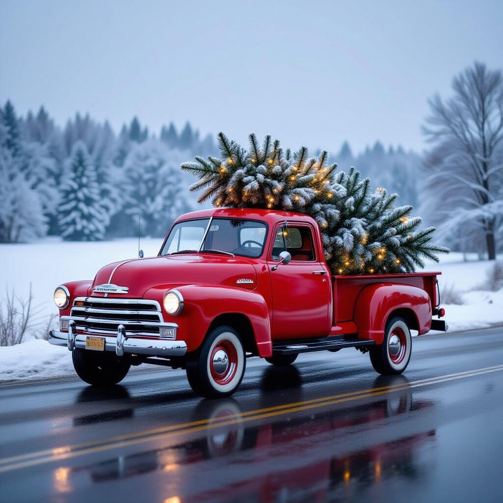 Vintage Red Truck with Christmas Tree on Snowy Road