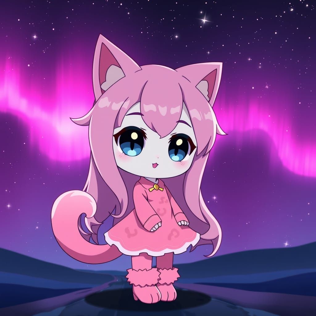 Cute Anime Catgirl under Starry Night Sky in Traditional Pin...