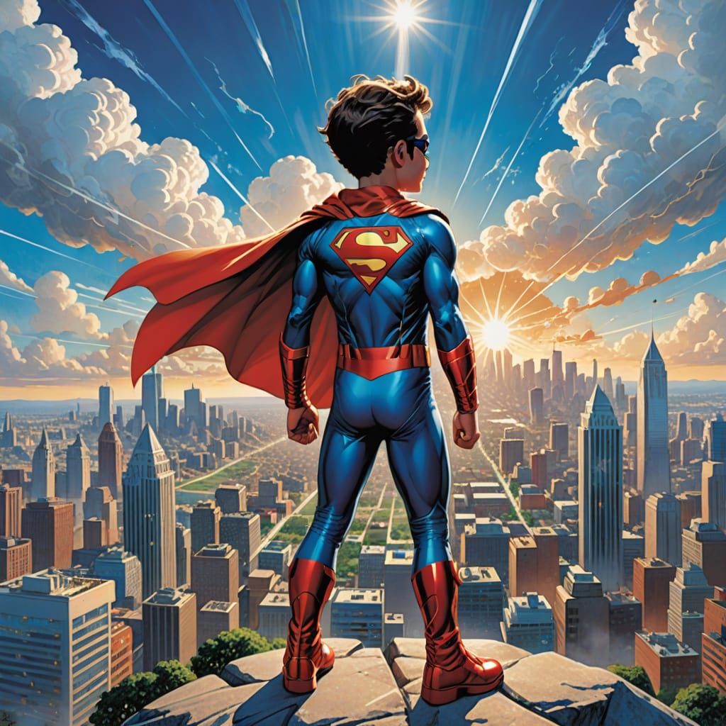 Superhero Child Overlooks Futuristic City in Comic Art
