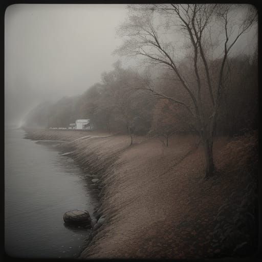 Victorian Woman in Sorrow on Foggy Cliffside