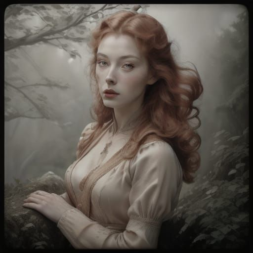 Victorian Woman Awaiting Return on Foggy Cliffside