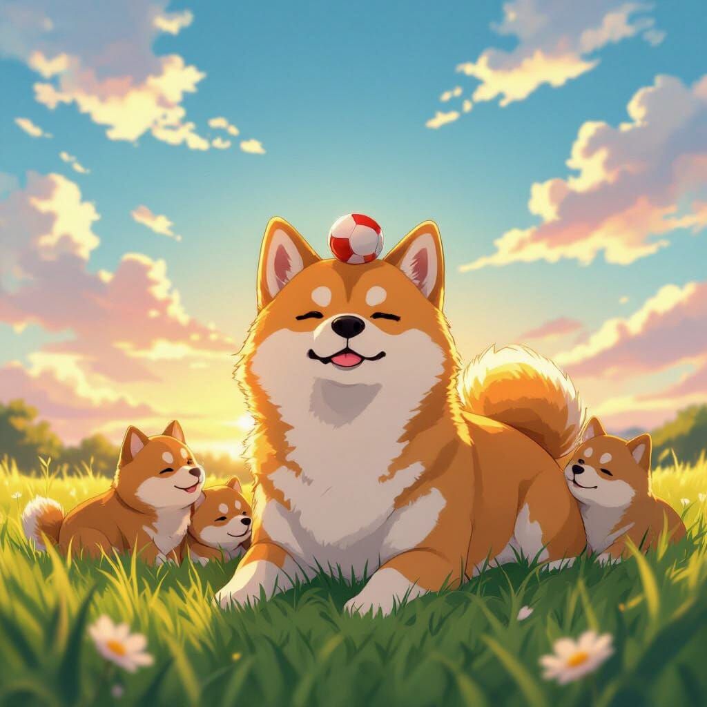 Fluffy Shiba Inus Balancing Balls at Sunset