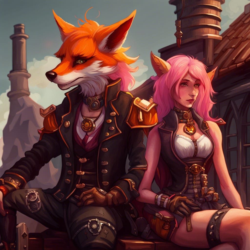 Fox Demon and Reaper on Rooftop with Steampunk Engine