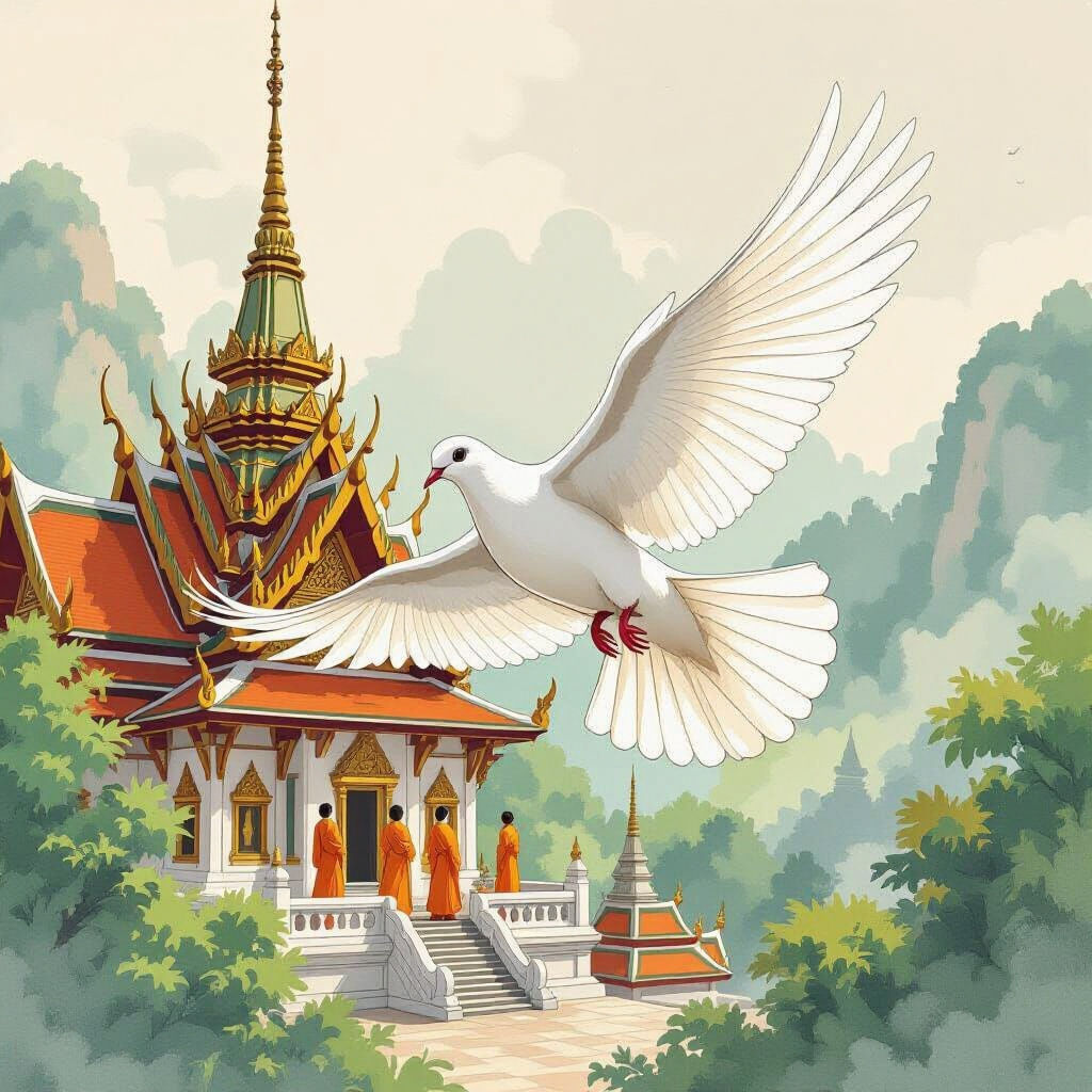 Dove Soaring Over Thai Temple in Anime Style