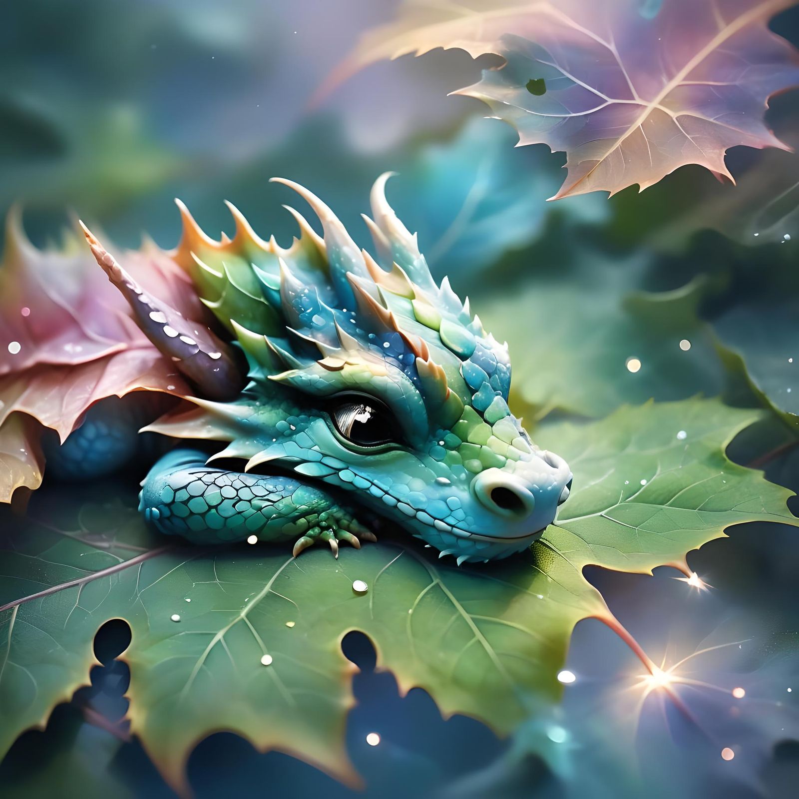 Sleeping Dragon on Floating Leaf: Hyperrealistic Illustratio...