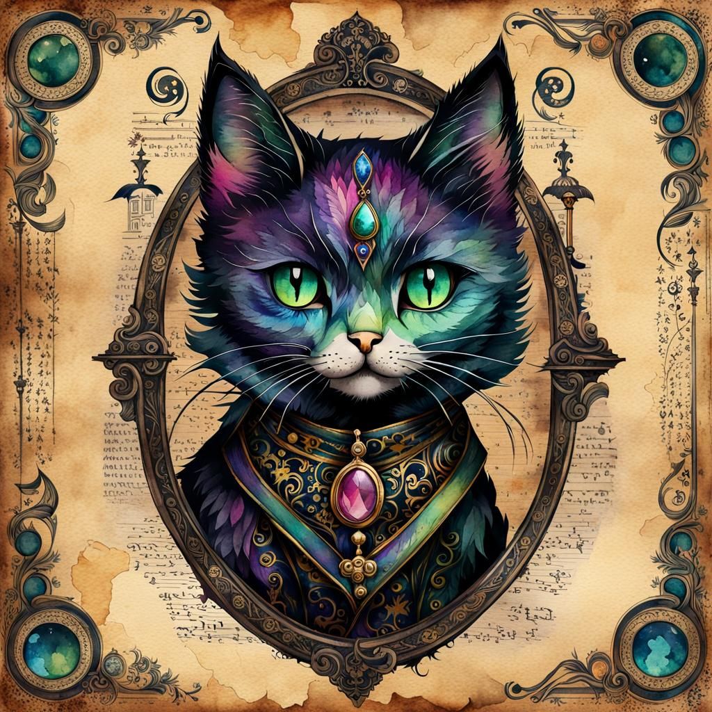 Gothic Victorian Cat in Watercolor Style