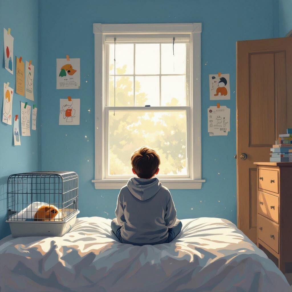 Child Gazes Out Window in Blue Bedroom, Painterly Digital Ar...