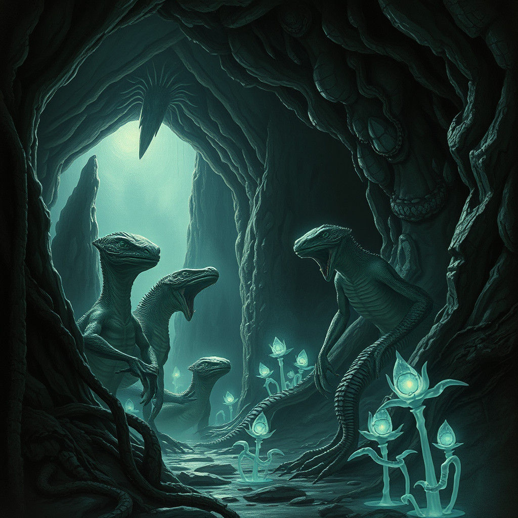 Mystical Reptilian Humanoids in Bioluminescent Cavern