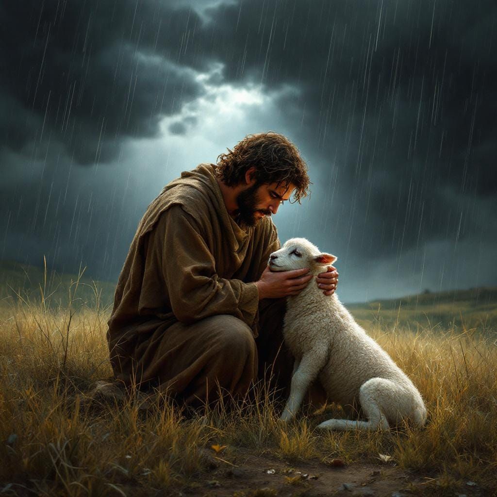 shepherd sheltering a trembling lamb from the rain